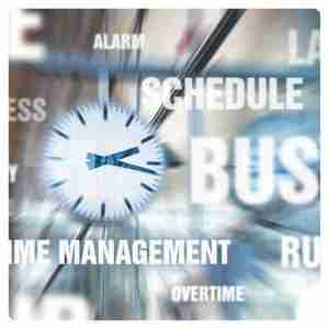 Busy Life Pain Relief: Stress & Posture Solutions - clock with words describing all the stressful things in the day - alarm, schedule, time mgmt, overtime